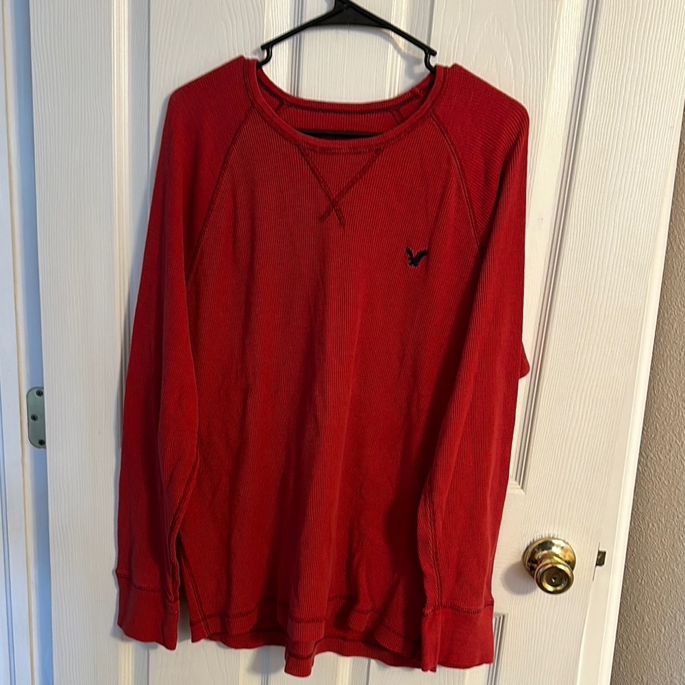 Vintage American Eagle Waffle Knit Red Long Sleeve Shirt with Logo